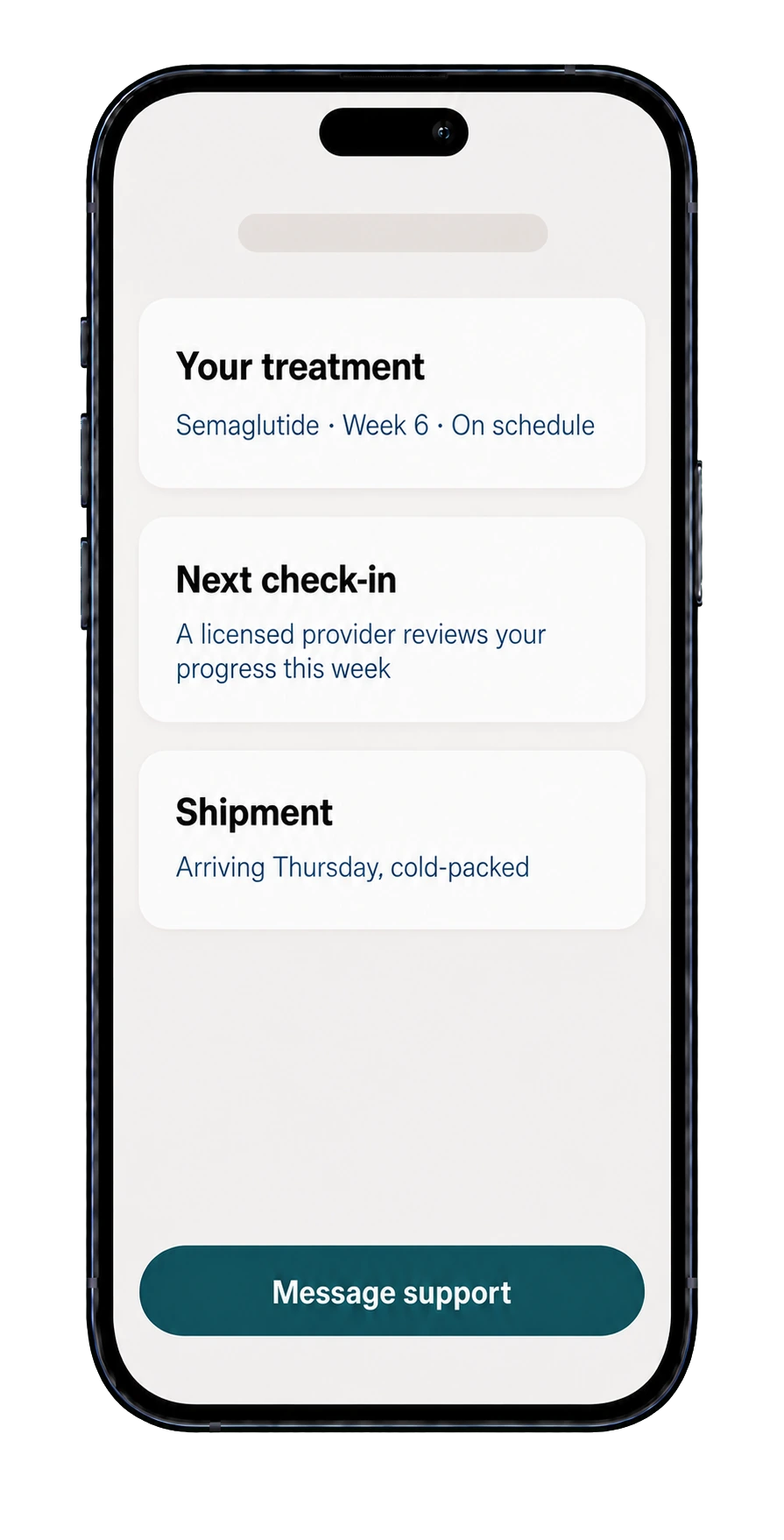 Phone showing the patient portal with treatment status, next check-in and shipment